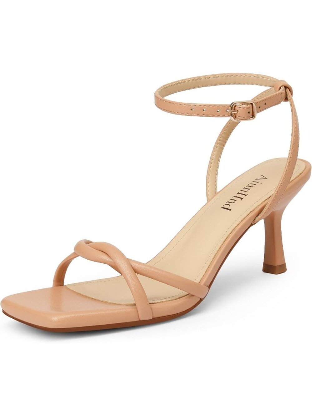 Women's Nude Kitten Low Heel Square Open Toe Adjustable Ankle Strap Sandals